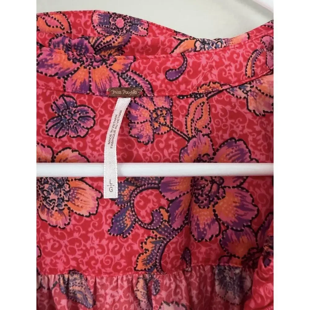 Free People $98 I Got You Floral Ruched V-Neck Cropped L/S Blouse Top Sz L